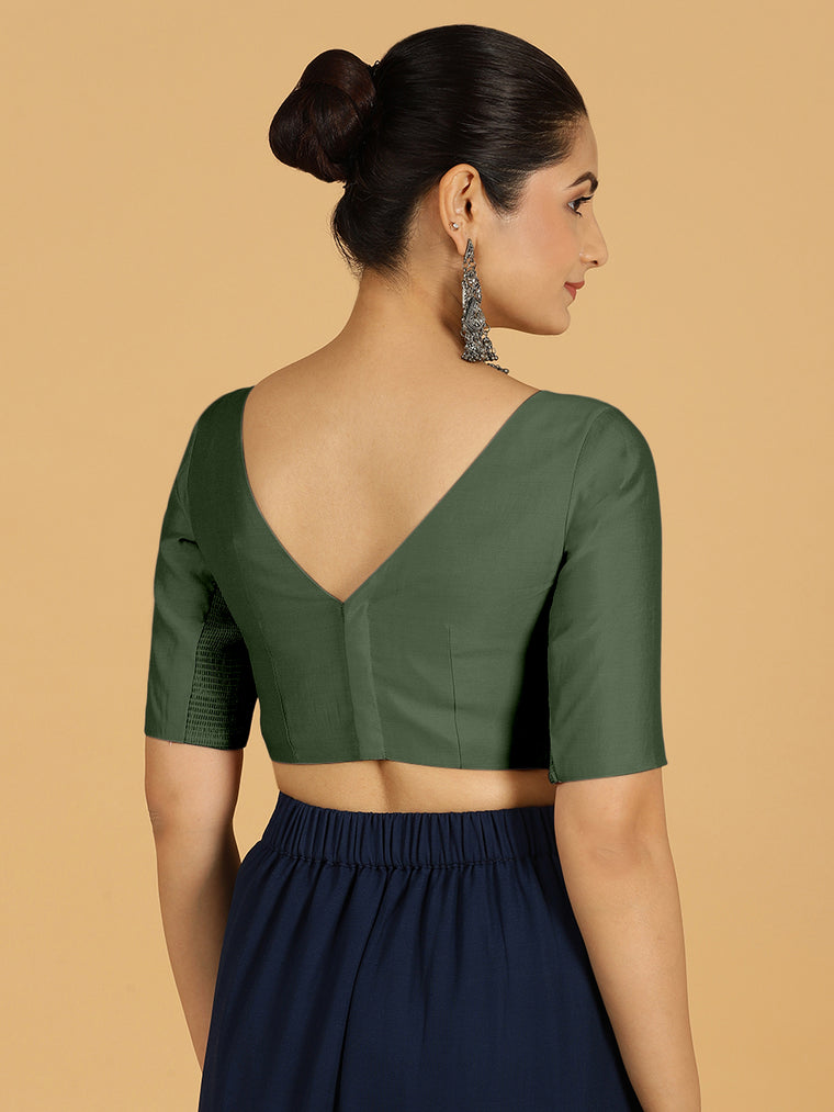 Trisha x Rozaana Saree Blouse, in Green Viscose, featuring elbow sleeves and boat neckline, made for daily & work (view 2).