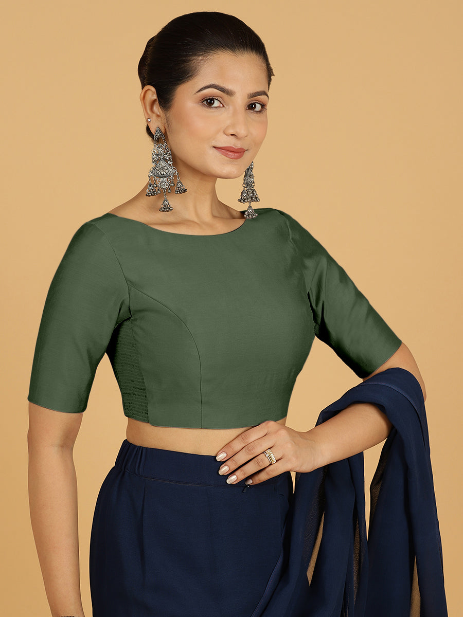Trisha x Rozaana Saree Blouse, in Green Viscose, featuring elbow sleeves and boat neckline, made for daily & work (view 5).