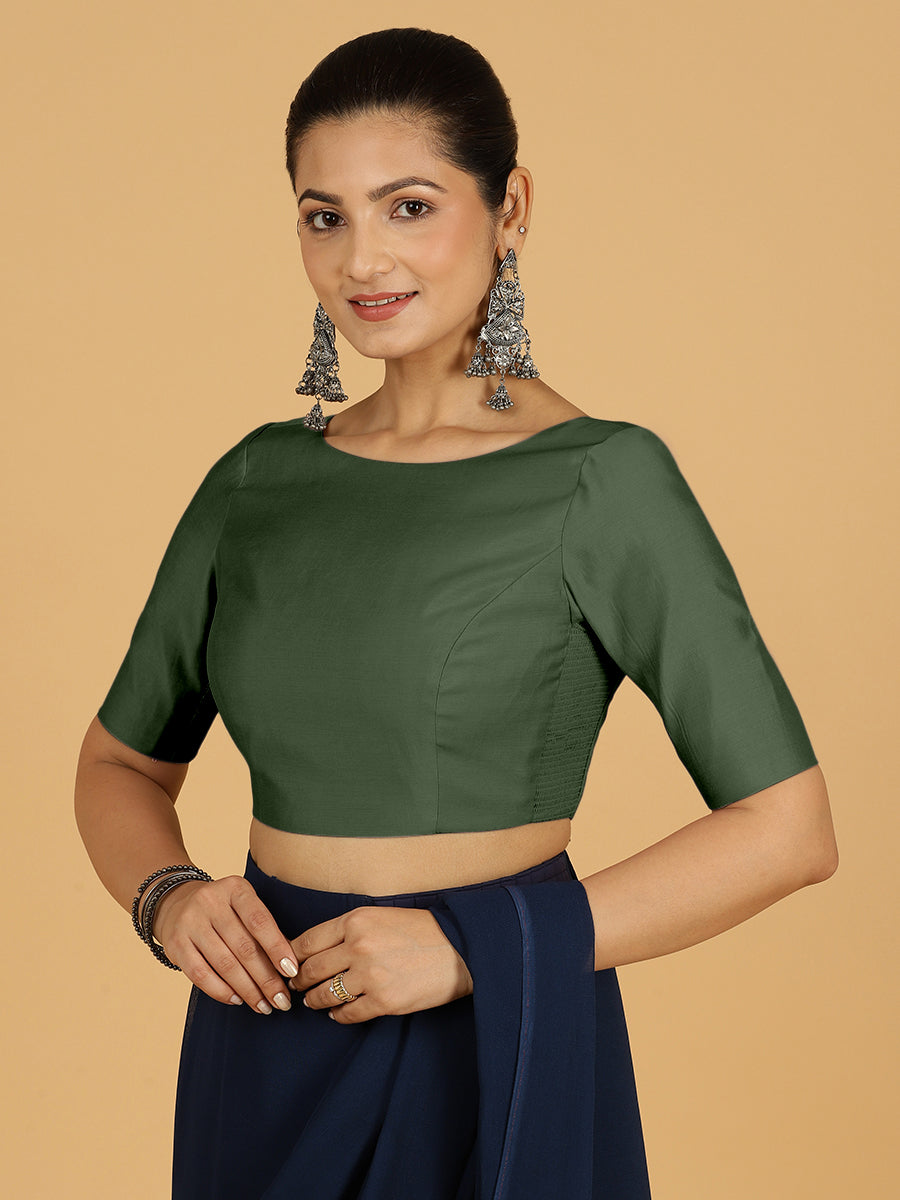 Trisha x Rozaana Saree Blouse, in Green Viscose, featuring elbow sleeves and boat neckline, made for daily & work (view 7).
