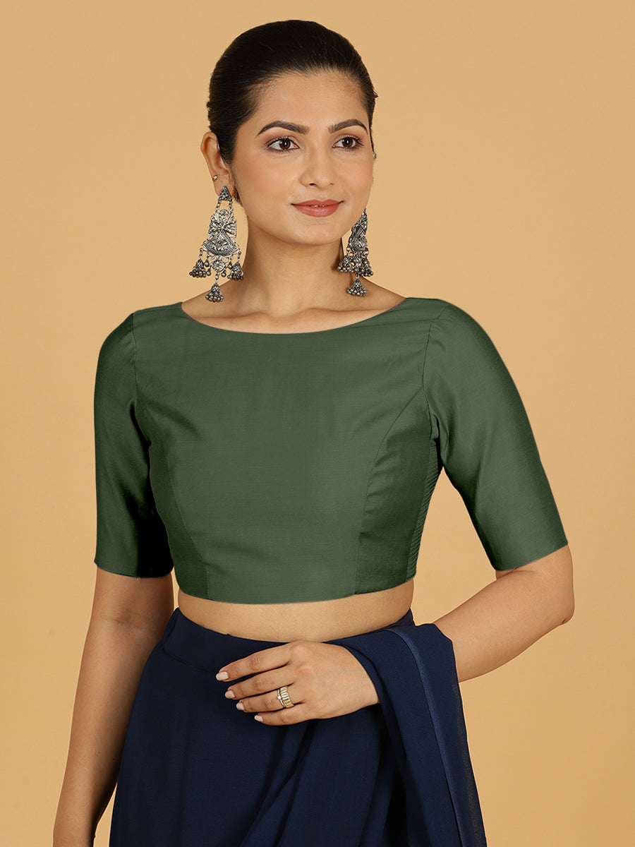Trisha x Rozaana Saree Blouse, in Green Viscose, featuring elbow sleeves and boat neckline, made for daily & work (view 8).