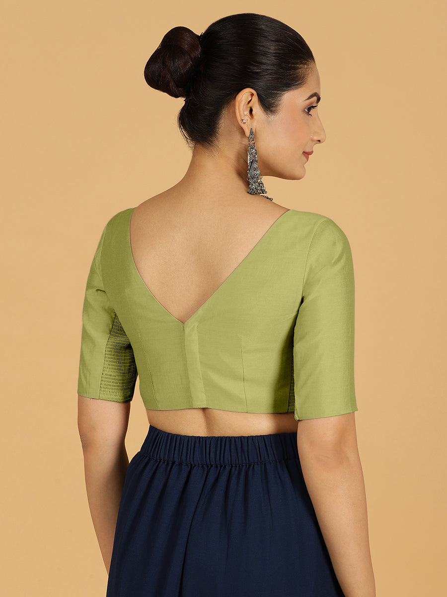 Trisha x Rozaana Saree Blouse, in Green Viscose, featuring elbow sleeves and boat neckline, made for daily & work (view 2).