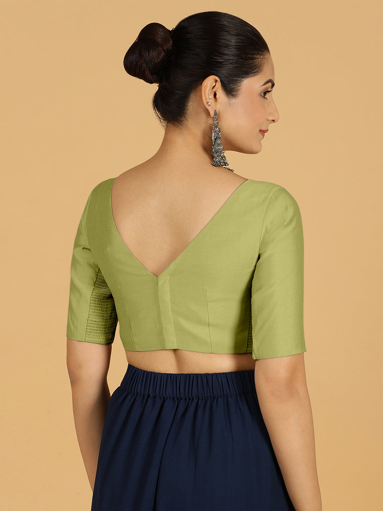Trisha x Rozaana Saree Blouse, in Green Viscose, featuring elbow sleeves and boat neckline, made for daily & work (view 2).