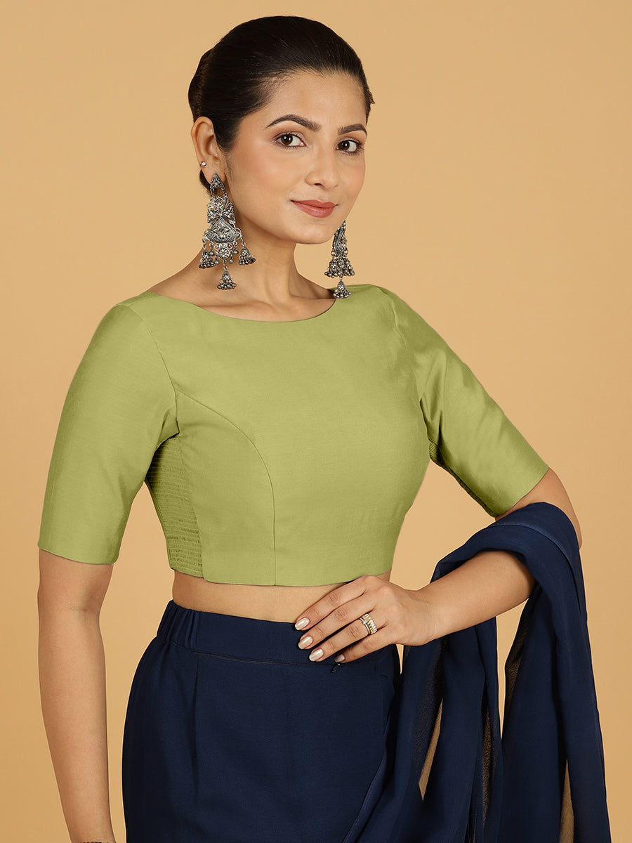 Trisha x Rozaana Saree Blouse, in Green Viscose, featuring elbow sleeves and boat neckline, made for daily & work (view 5).