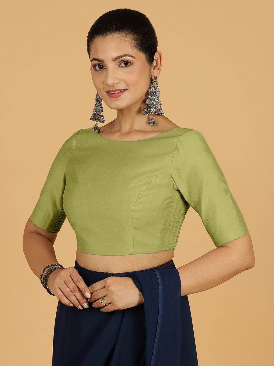 Trisha x Rozaana Saree Blouse, in Green Viscose, featuring elbow sleeves and boat neckline, made for daily & work (view 7).