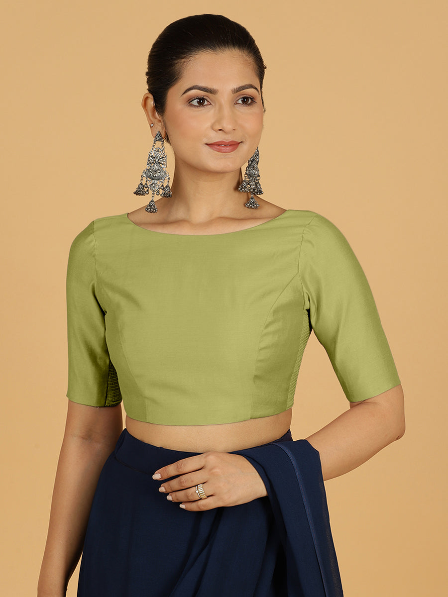 Trisha x Rozaana Saree Blouse, in Green Viscose, featuring elbow sleeves and boat neckline, made for daily & work (view 8).