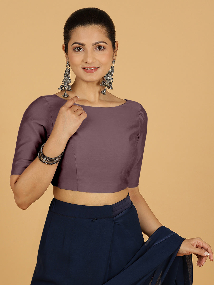 Trisha x Rozaana Saree Blouse, in Purple Viscose, featuring elbow sleeves and boat neckline, made for daily & work (view 7).