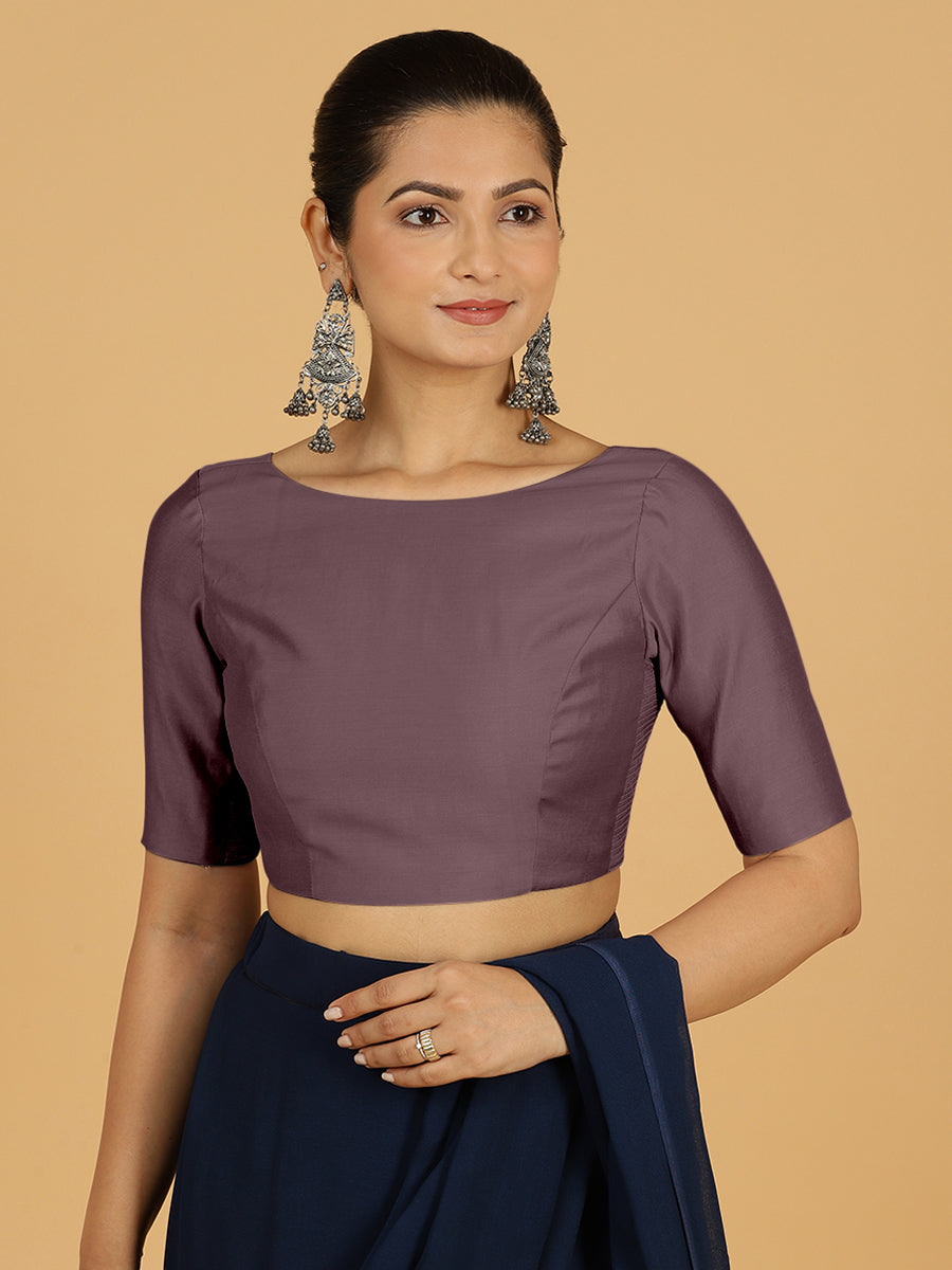 Trisha x Rozaana Saree Blouse, in Purple Viscose, featuring elbow sleeves and boat neckline, made for daily & work (view 8).