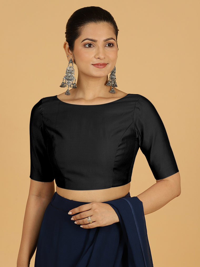 Trisha x Rozaana Saree Blouse, in Black Viscose, featuring elbow sleeves and boat neckline, made for daily & work.