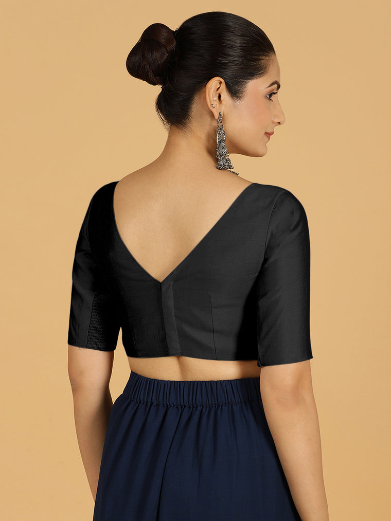 Trisha x Rozaana Saree Blouse, in Black Viscose, featuring elbow sleeves and boat neckline, made for daily & work (view 2).
