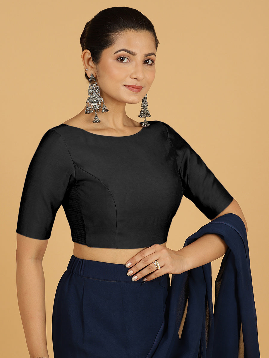Trisha x Rozaana Saree Blouse, in Black Viscose, featuring elbow sleeves and boat neckline, made for daily & work (view 5).