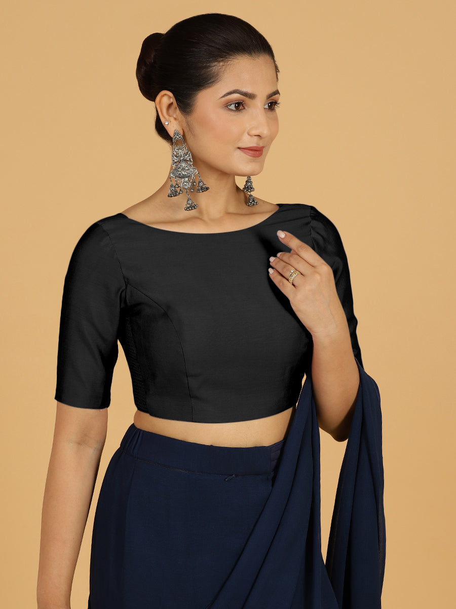 Trisha x Rozaana Saree Blouse, in Black Viscose, featuring elbow sleeves and boat neckline, made for daily & work (view 6).