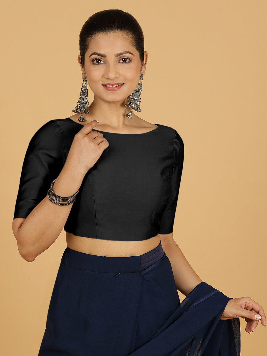 Trisha x Rozaana Saree Blouse, in Black Viscose, featuring elbow sleeves and boat neckline, made for daily & work (view 7).