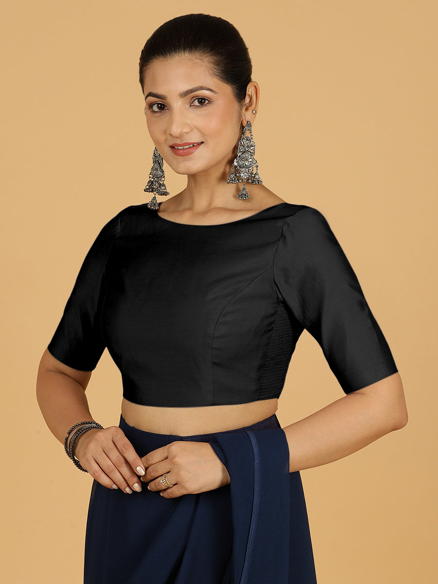 Trisha x Rozaana Saree Blouse, in Black Viscose, featuring elbow sleeves and boat neckline, made for daily & work (view 8).