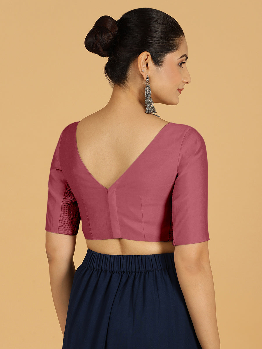 Trisha x Rozaana Saree Blouse, in Pink Viscose, featuring elbow sleeves and boat neckline, made for daily & work (view 2).