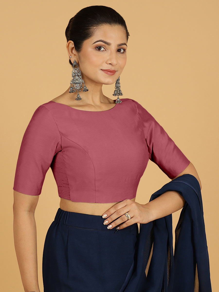 Trisha x Rozaana Saree Blouse, in Pink Viscose, featuring elbow sleeves and boat neckline, made for daily & work (view 5).