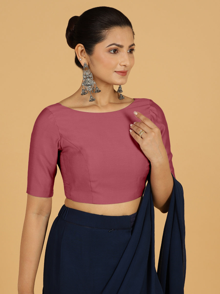 Trisha x Rozaana Saree Blouse, in Pink Viscose, featuring elbow sleeves and boat neckline, made for daily & work (view 6).