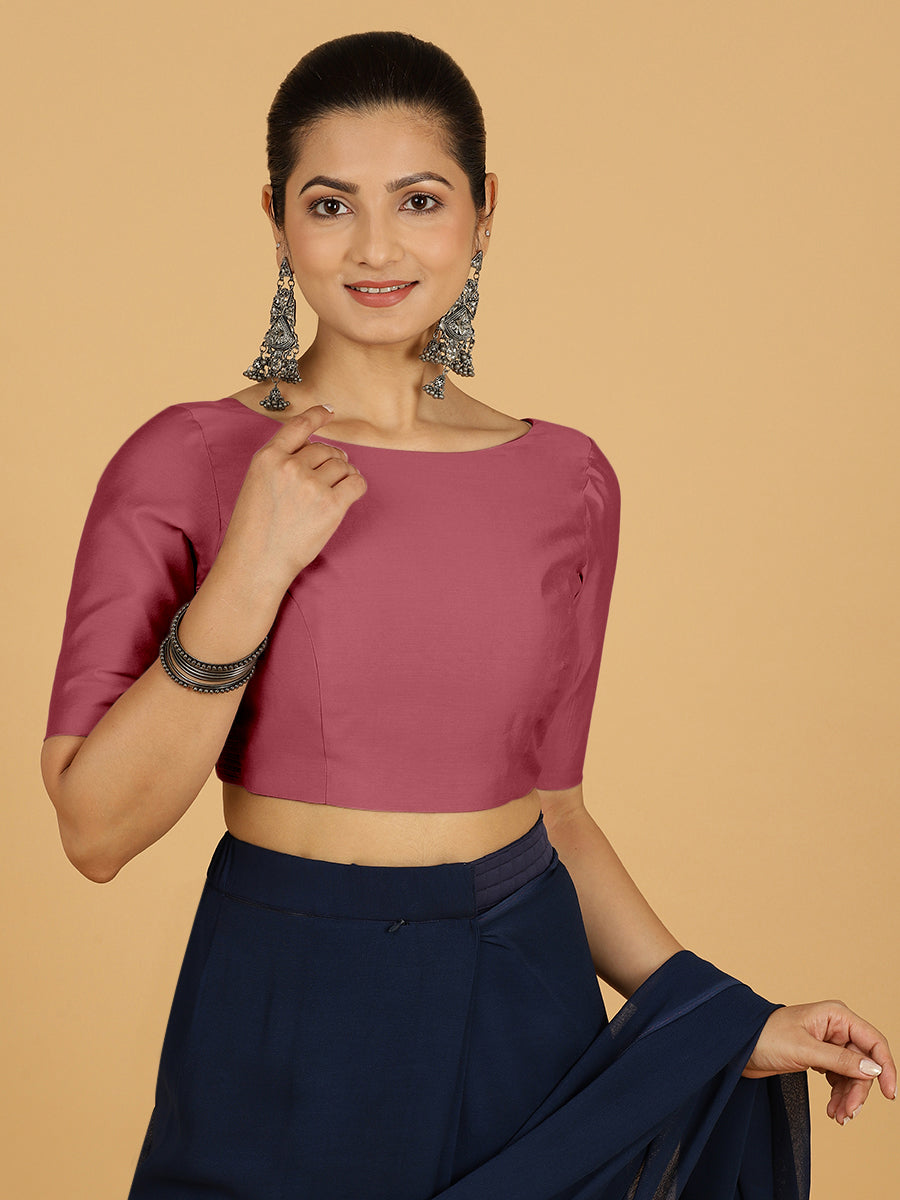 Trisha x Rozaana Saree Blouse, in Pink Viscose, featuring elbow sleeves and boat neckline, made for daily & work (view 7).