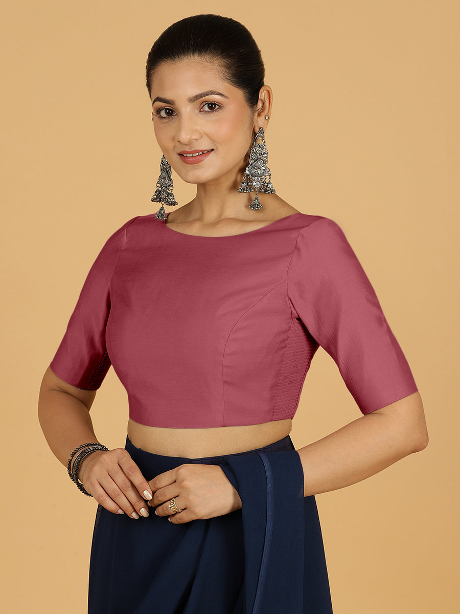 Trisha x Rozaana Saree Blouse, in Pink Viscose, featuring elbow sleeves and boat neckline, made for daily & work (view 8).