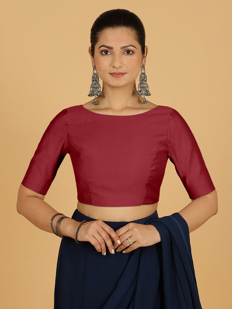 Trisha x Rozaana Saree Blouse, in Red Viscose, featuring elbow sleeves and boat neckline, made for daily & work.