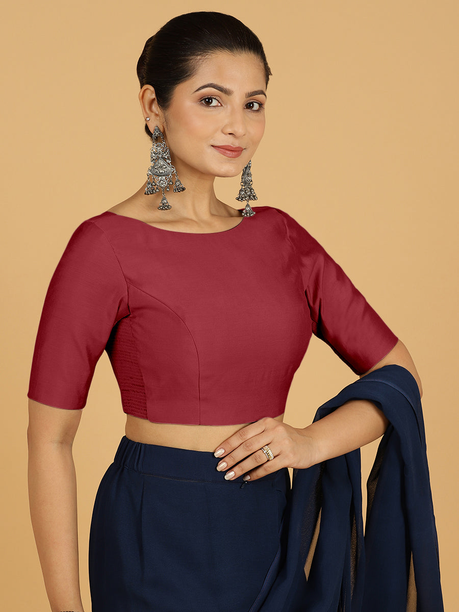 Trisha x Rozaana Saree Blouse, in Red Viscose, featuring elbow sleeves and boat neckline, made for daily & work (view 5).