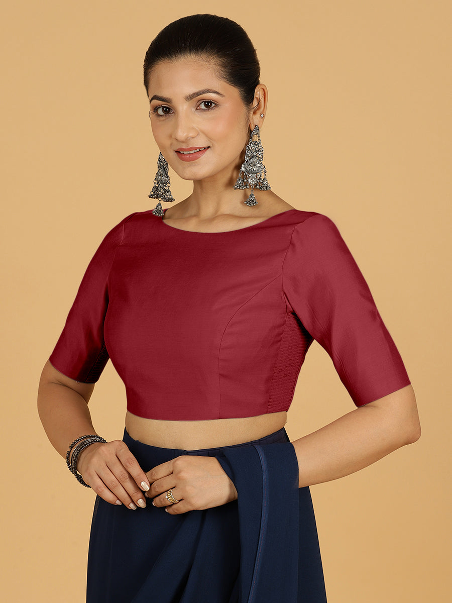 Trisha x Rozaana Saree Blouse, in Red Viscose, featuring elbow sleeves and boat neckline, made for daily & work (view 8).