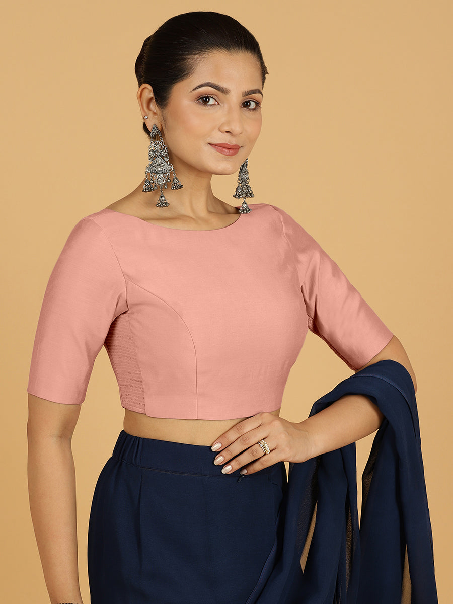 Trisha x Rozaana Saree Blouse, in Pink Viscose, featuring elbow sleeves and boat neckline, made for daily & work.