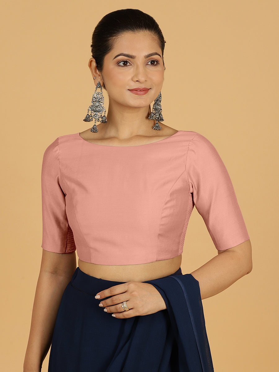 Trisha x Rozaana Saree Blouse, in Pink Viscose, featuring elbow sleeves and boat neckline, made for daily & work (view 8).