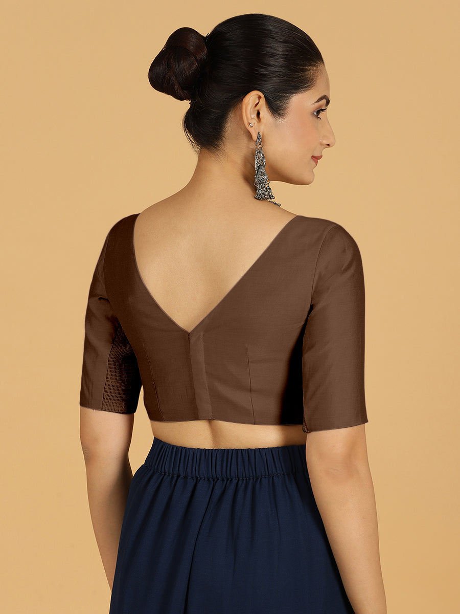 Trisha x Rozaana Saree Blouse, in Brown Viscose, featuring elbow sleeves and boat neckline, made for daily & work (view 2).