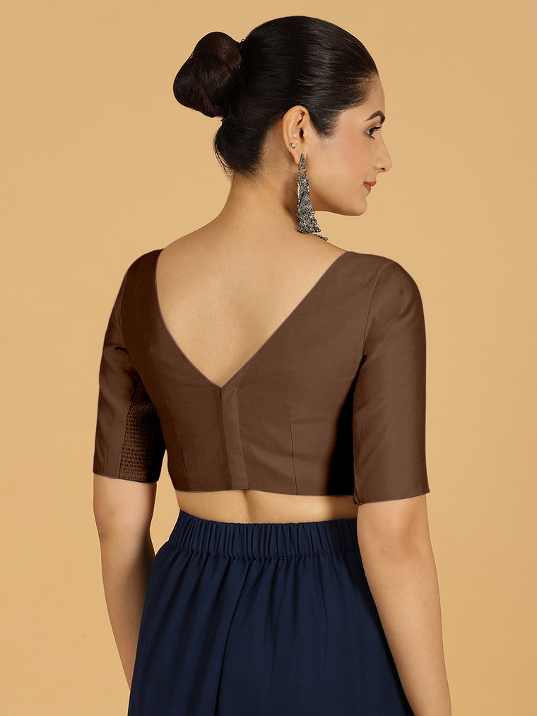 Trisha x Rozaana Saree Blouse, in Brown Viscose, featuring elbow sleeves and boat neckline, made for daily & work (view 2).