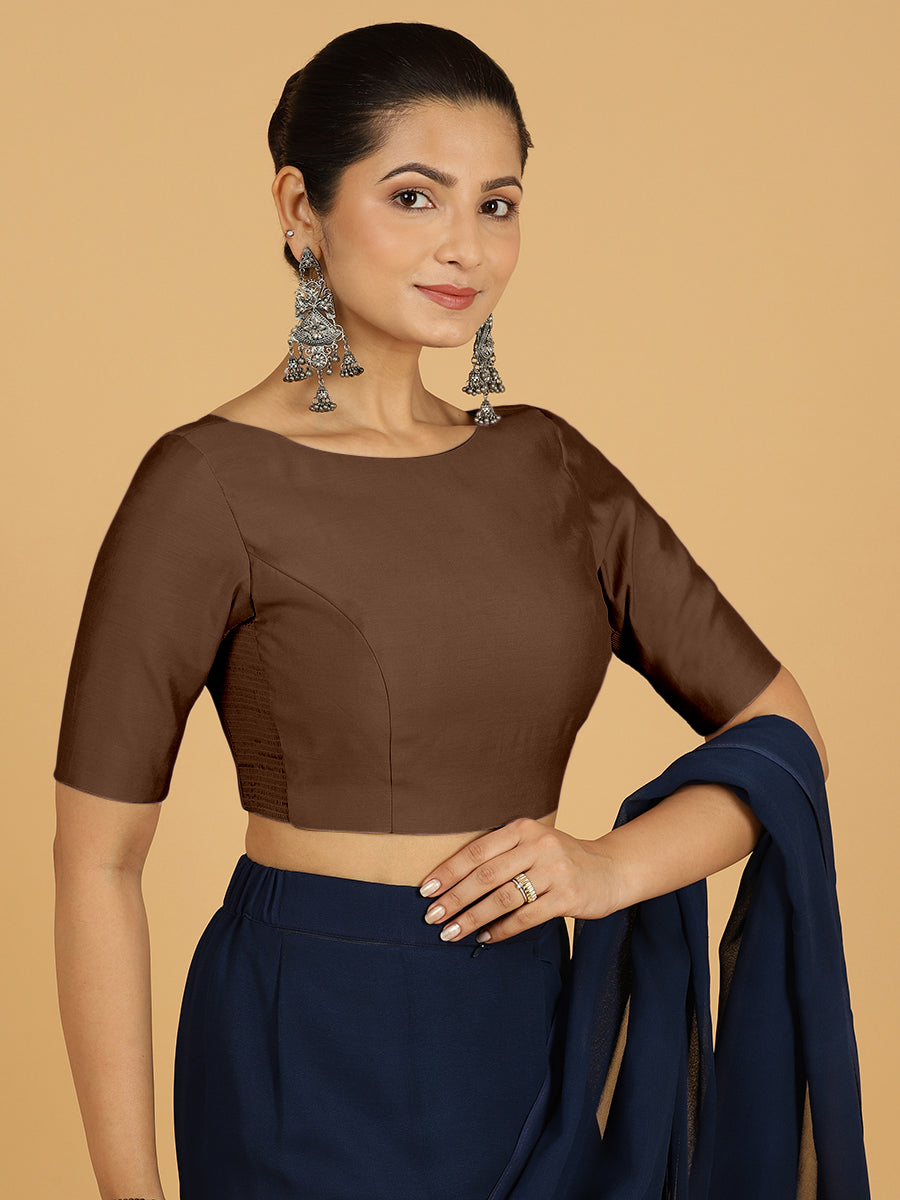 Trisha x Rozaana Saree Blouse, in Brown Viscose, featuring elbow sleeves and boat neckline, made for daily & work (view 5).