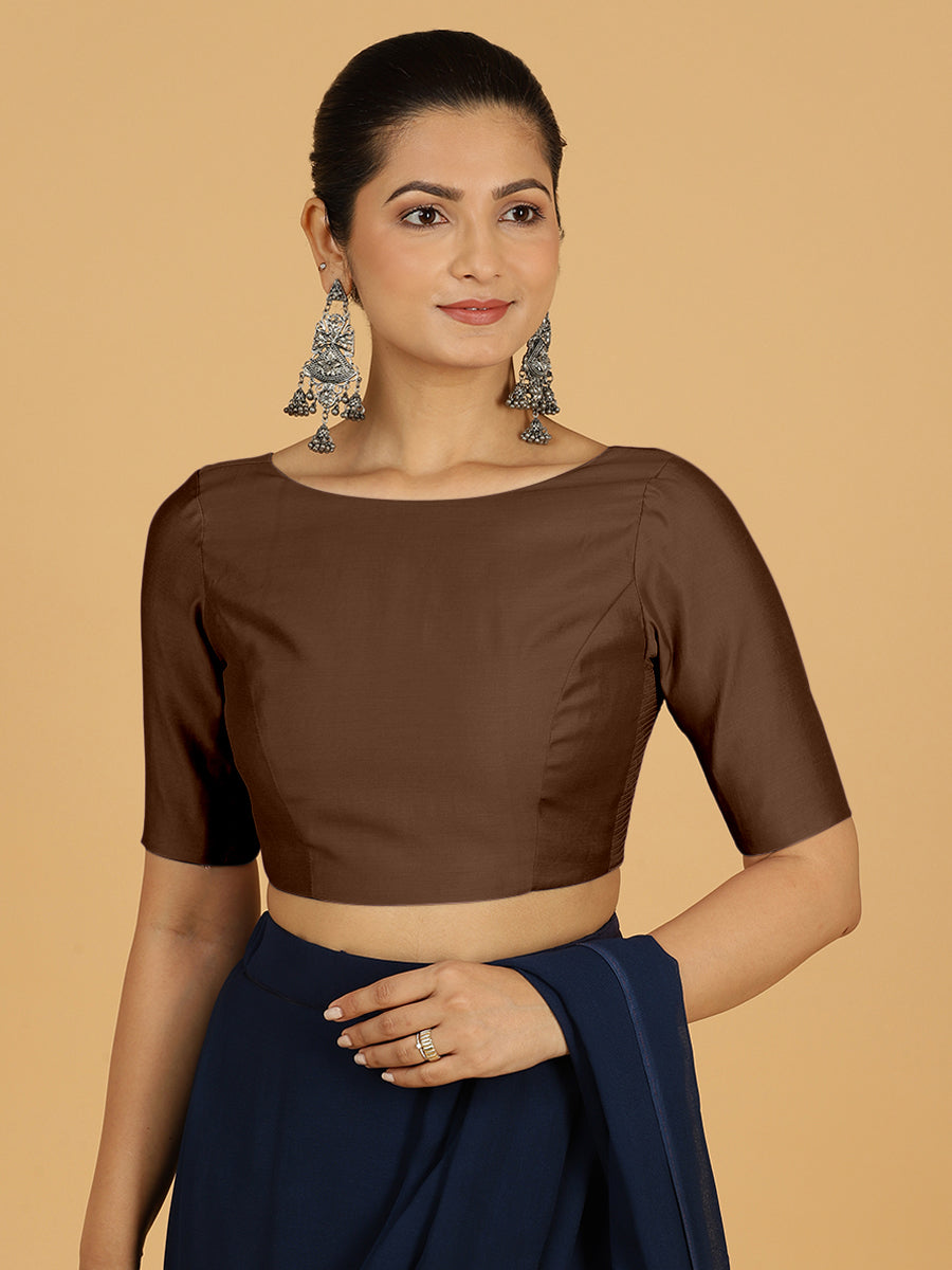 Trisha x Rozaana Saree Blouse, in Brown Viscose, featuring elbow sleeves and boat neckline, made for daily & work (view 8).