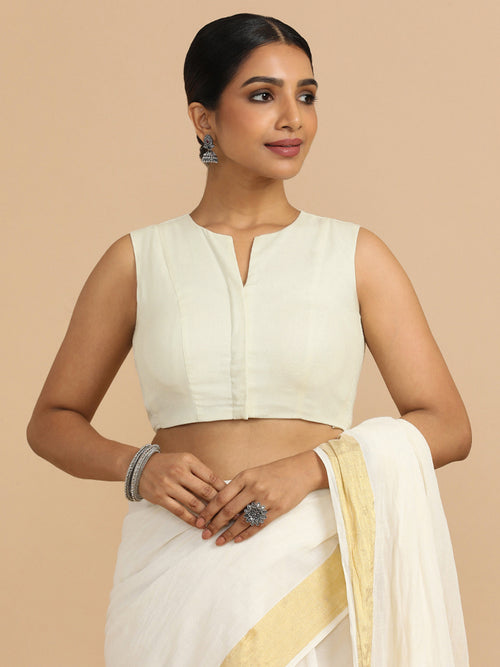 Tulsi x Rozaana Saree Blouse, in White 70% Cotton 30% Linen, featuring sleeveless and jewel neckline, made for daily & work.