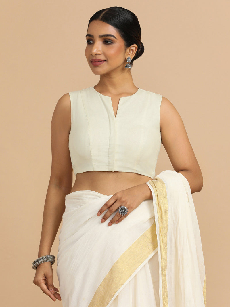 Tulsi x Rozaana | Sleeveless Saree Blouse in Chalk White Linen-Binks