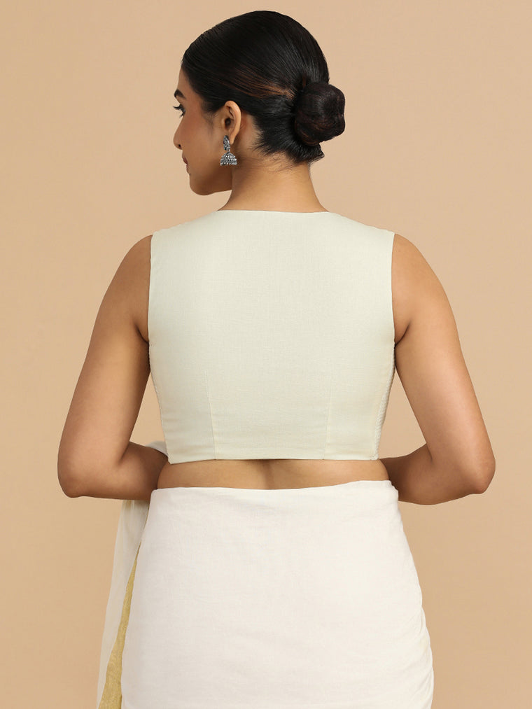 Tulsi x Rozaana Saree Blouse, in White 70% Cotton 30% Linen, featuring sleeveless and jewel neckline, made for daily & work.