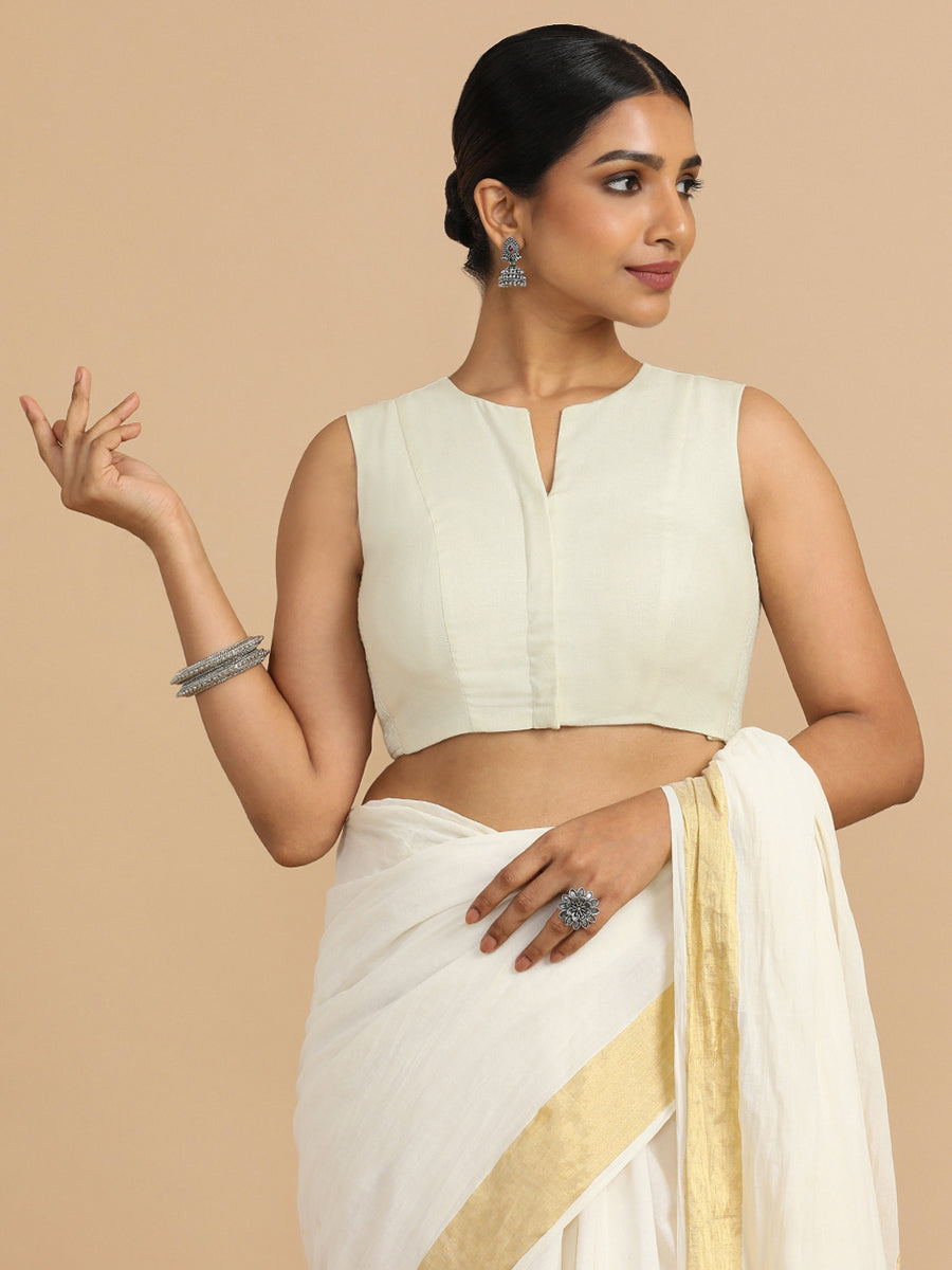 Tulsi x Rozaana Saree Blouse, in White 70% Cotton 30% Linen, featuring sleeveless and jewel neckline, made for daily & work.