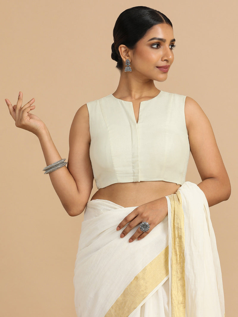 Tulsi x Rozaana | Sleeveless Saree Blouse in Chalk White Linen-Binks