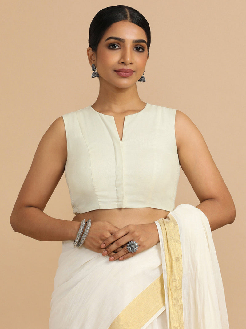 Tulsi x Rozaana | Sleeveless Saree Blouse in Chalk White Linen-Binks