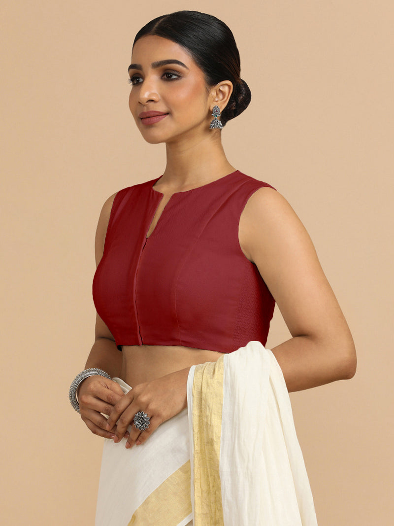Tulsi x Rozaana | Sleeveless Saree Blouse in Cranberry Red Linen-Binks