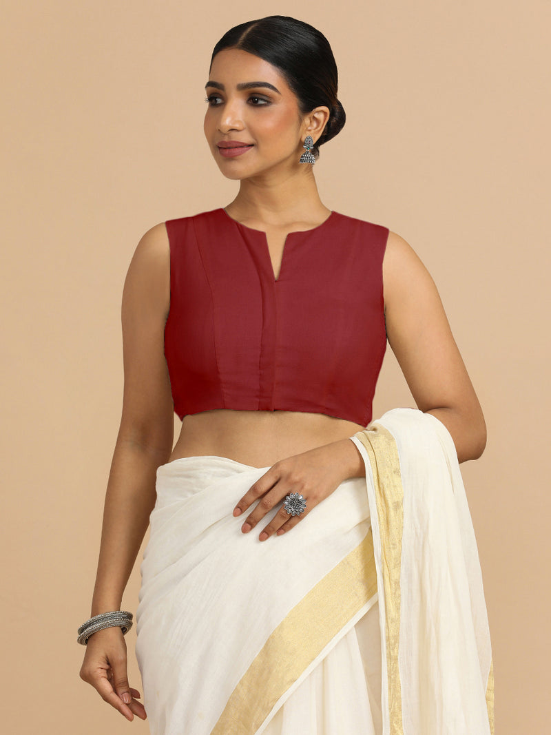 Tulsi x Rozaana | Sleeveless Saree Blouse in Cranberry Red Linen-Binks