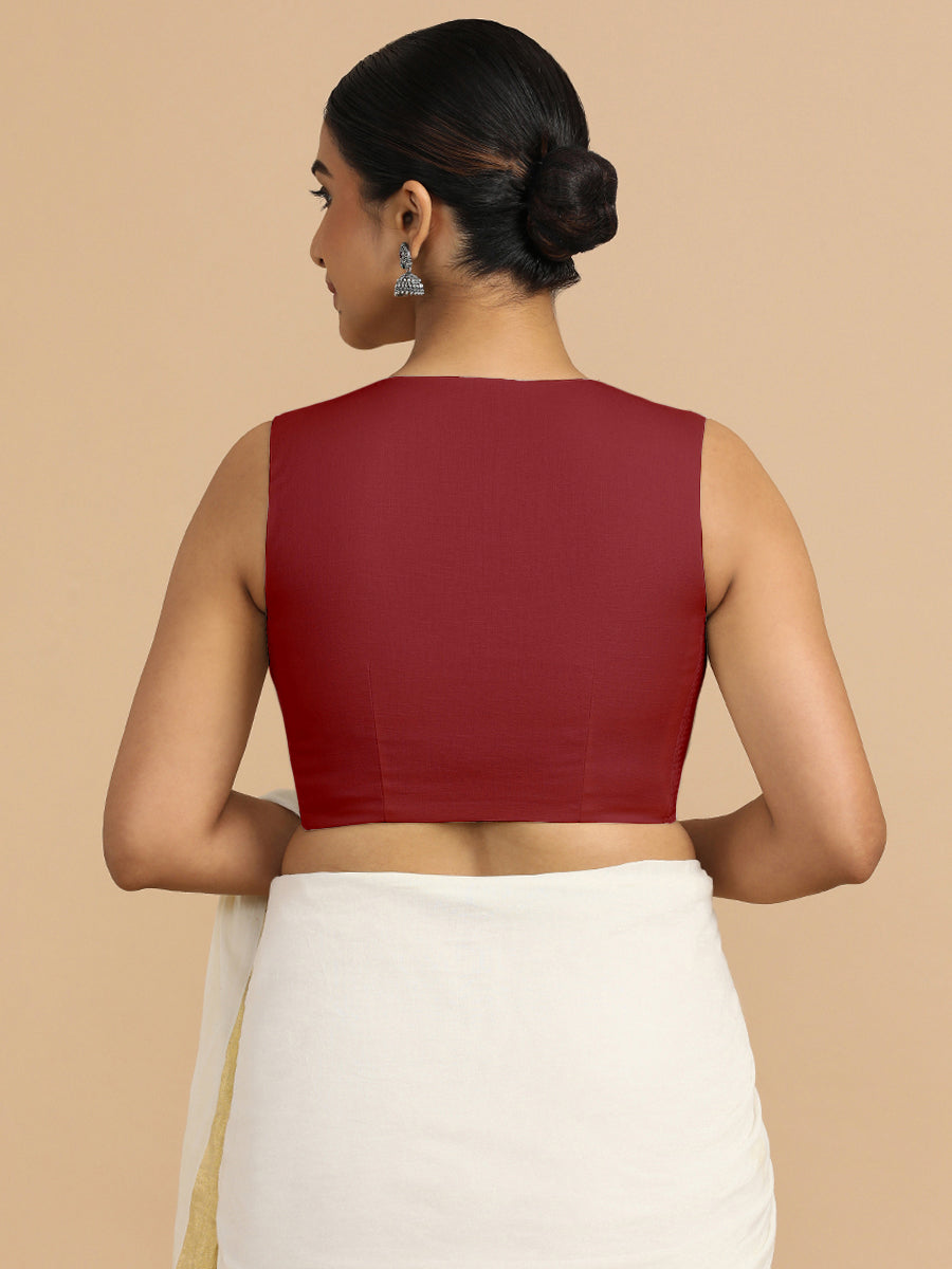 Tulsi x Rozaana Saree Blouse, in Red 70% Cotton 30% Linen, featuring sleeveless and jewel neckline, made for daily & work.