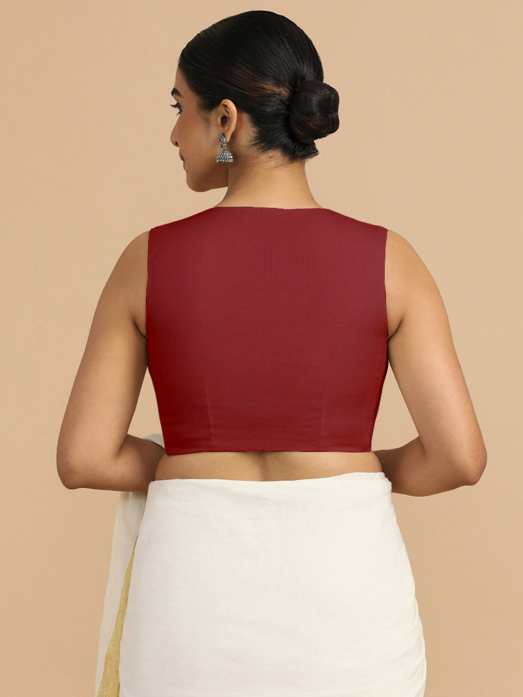 Tulsi x Rozaana Saree Blouse, in Red 70% Cotton 30% Linen, featuring sleeveless and jewel neckline, made for daily & work.