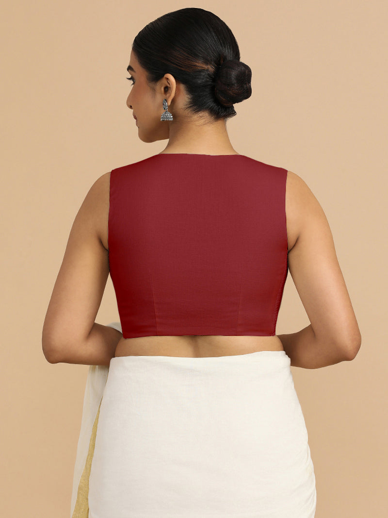 Tulsi x Rozaana | Sleeveless Saree Blouse in Cranberry Red Linen-Binks