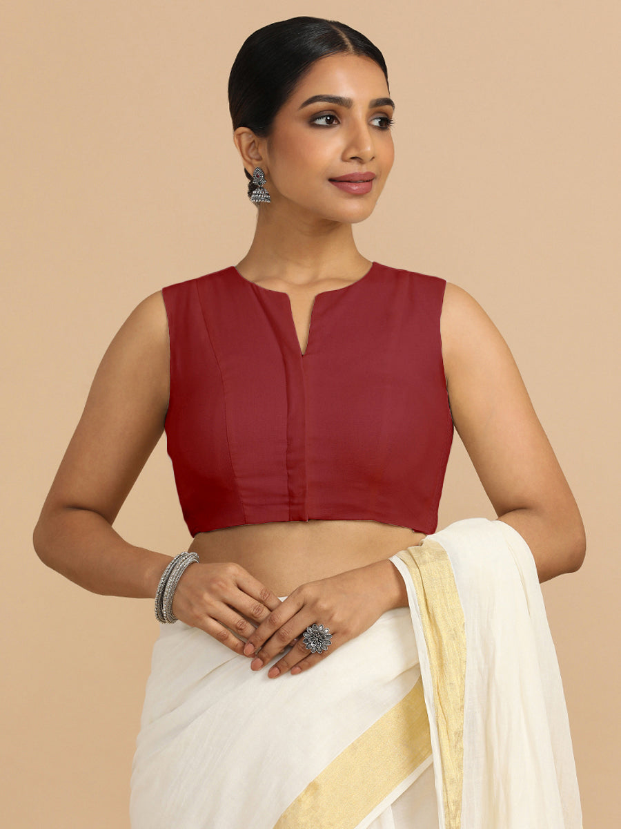 Tulsi x Rozaana Saree Blouse, in Red 70% Cotton 30% Linen, featuring sleeveless and jewel neckline, made for daily & work.