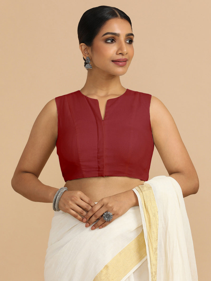 Tulsi x Rozaana | Sleeveless Saree Blouse in Cranberry Red Linen-Binks