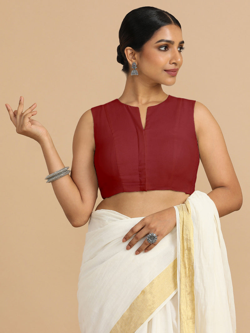 Tulsi x Rozaana | Sleeveless Saree Blouse in Cranberry Red Linen-Binks