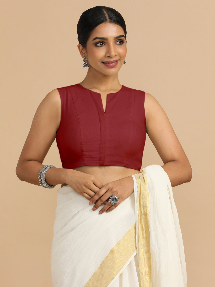 Tulsi x Rozaana Saree Blouse, in Red 70% Cotton 30% Linen, featuring sleeveless and jewel neckline, made for daily & work.