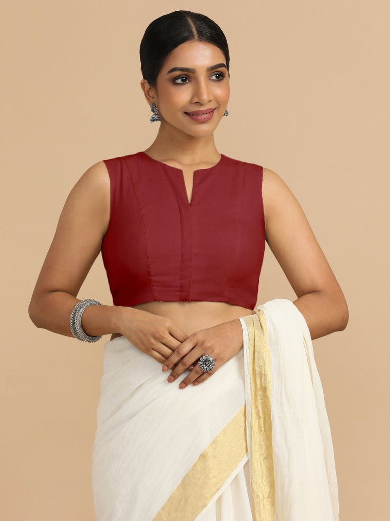Tulsi x Rozaana | Sleeveless Saree Blouse in Cranberry Red Linen-Binks