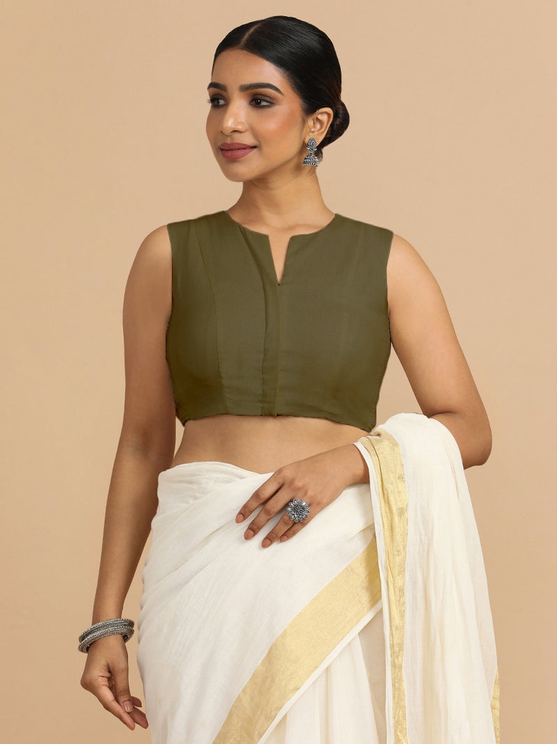 Tulsi x Rozaana | Sleeveless Saree Blouse in Deep Olive Green Linen-Binks