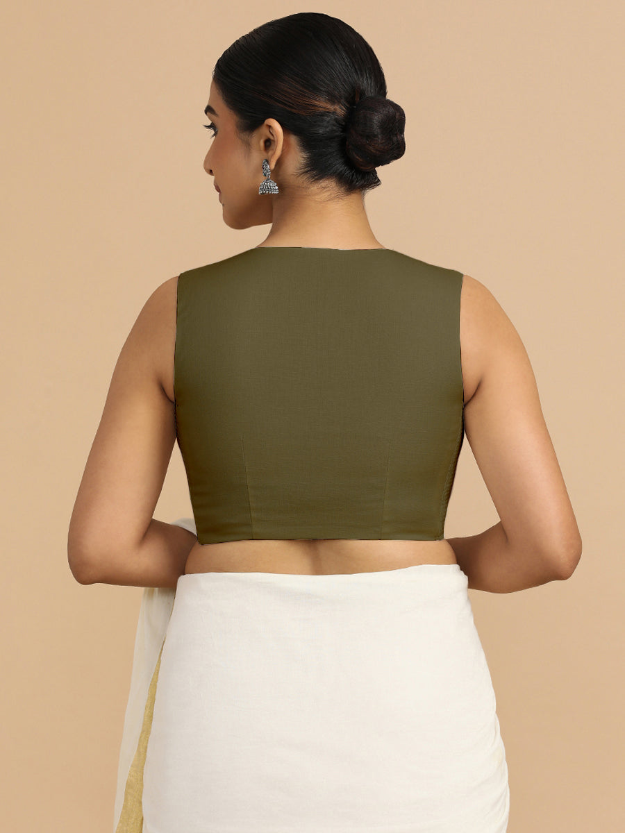 Tulsi x Rozaana Saree Blouse, in Green 70% Cotton 30% Linen, featuring sleeveless and jewel neckline, made for daily & work.