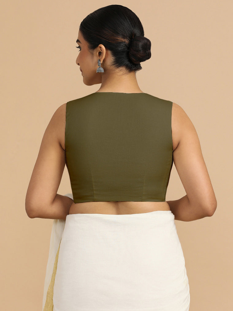 Tulsi x Rozaana Saree Blouse, in Green 70% Cotton 30% Linen, featuring sleeveless and jewel neckline, made for daily & work.